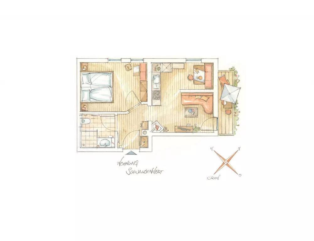 Skizze der 5 Sterne-Fewo Schwalbennest Reiten Kutschfahrten Bauernhoferlebnis Kinderabenteuer