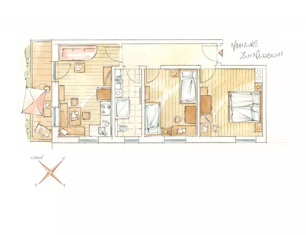 Skizze der 5 Sterne-Fewo Zum Nussbaum Reiten Kutschfahrten Bauernhoferlebnis Kinderabenteuer