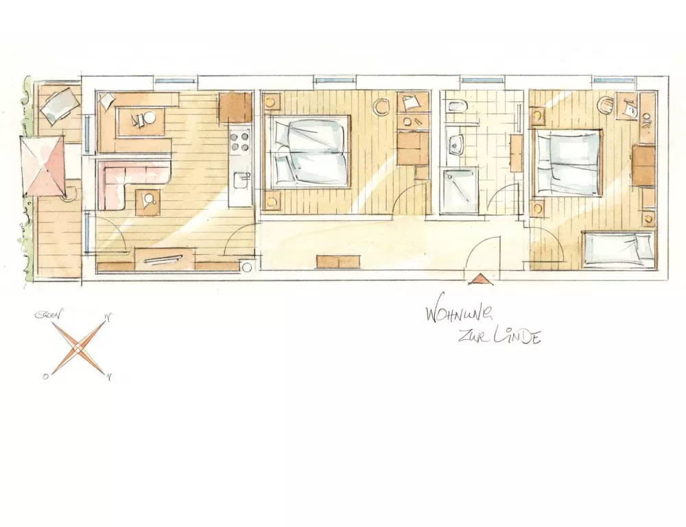 Skizze der 5 Sterne-Fewo Zur Linde Reiten Kutschfahrten Bauernhoferlebnis Kinderabenteuer