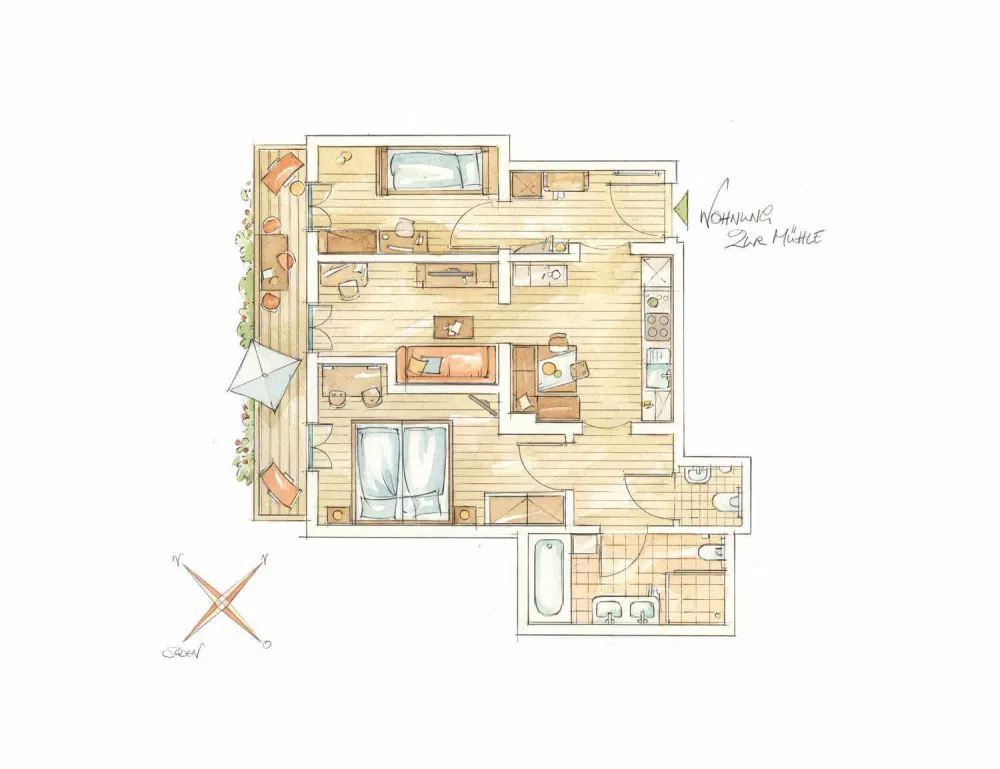 Skizze der 5 Sterne-Fewo Zur Mühle Spielplatz und Tierabenteuer